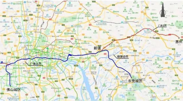 线路过新塘站后经由中堂,万江延伸至东莞城区,线路全长约107.1公里.